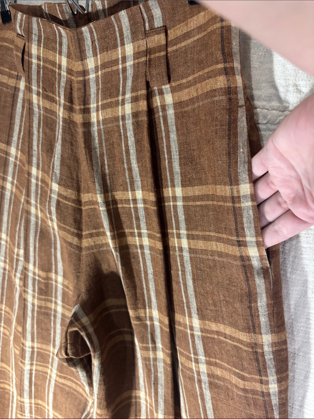 Isda & Co. 100% Linen High Waisted Plaid Trousers Brown Neutral Medium EUC - Picture 9 of 13